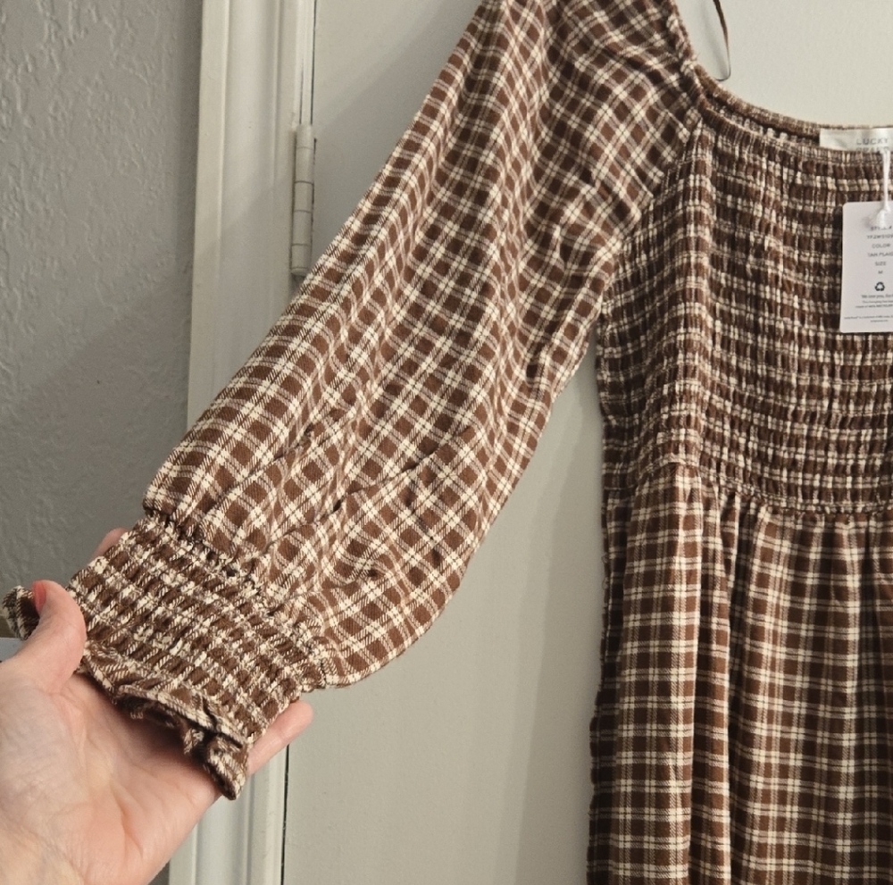 Lucky Brand Brown and Beige Plaid Smocked Midi Dress - Picture 3 of 5